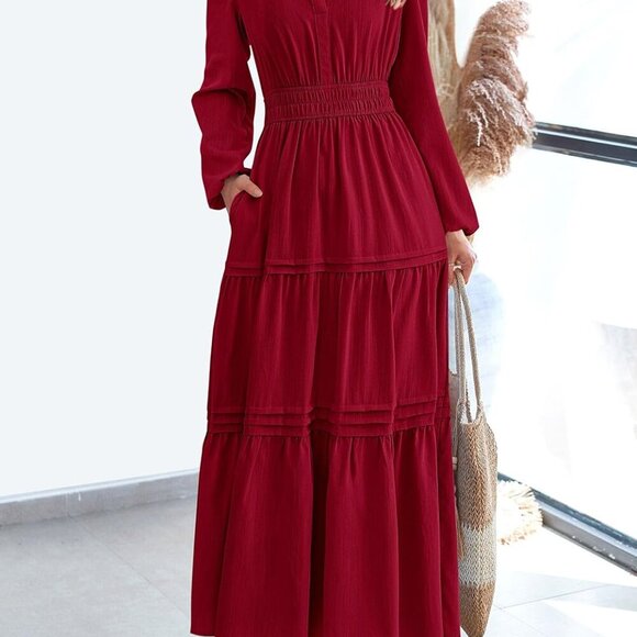 Women's 2025 Elegant Maxi Dresses Long Sleeve V Neck Flowy Pockets Casual Modest - Picture 2 of 7